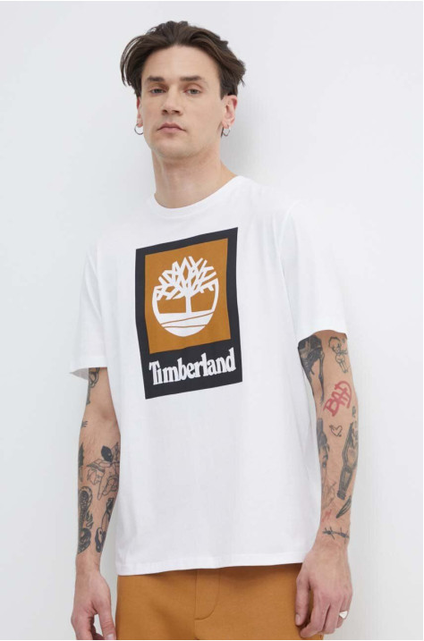 Бавовняна футболка Timberland чоловіча колір білий з принтом