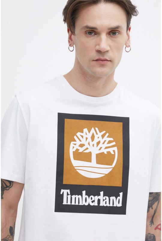 Бавовняна футболка Timberland чоловіча колір білий з принтом